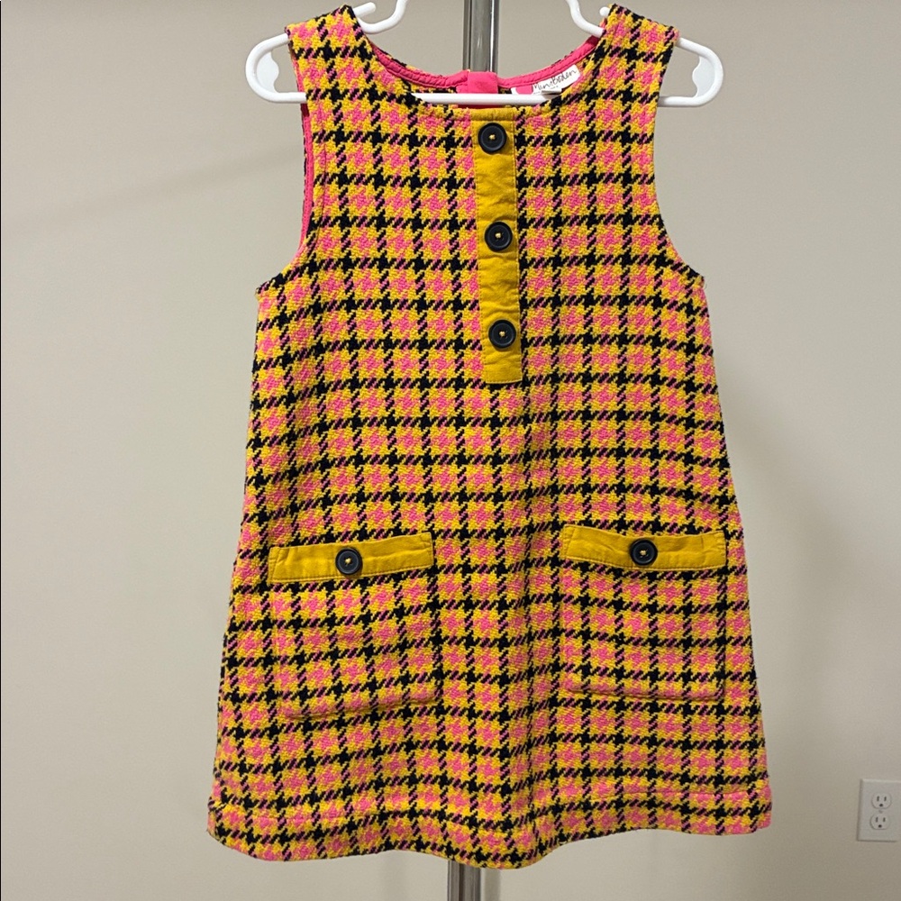 Mini Boden Girls’ Pink and Yellow Houndstooth Pinafore Dress